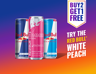 White Peach Red Bull, Original Red Bull, and Sugar Free Red Bull